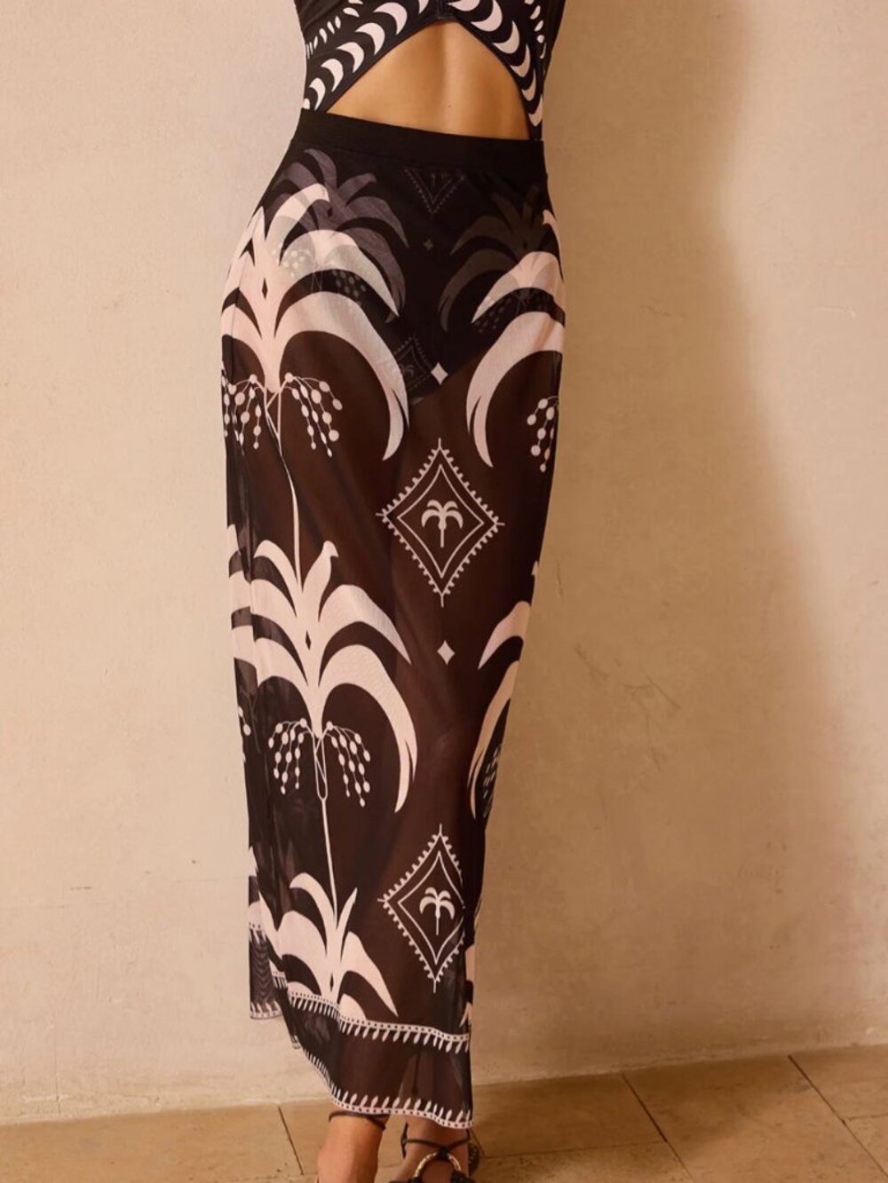 Commense Palm Tree Print Sheer Mesh Cover Up Skirt L